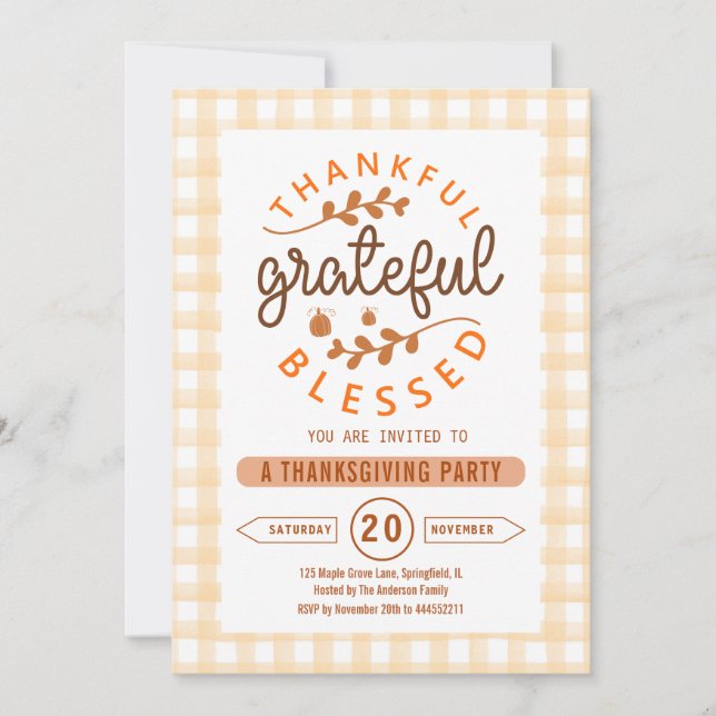 Invitación Thankful Grateful Blessed Thanksgiving Party (Anverso)