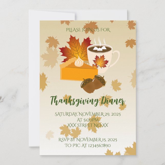 Invitación Thanksgiving Dinner Cuisine Pumpkin Pie Hot Choco (Anverso)