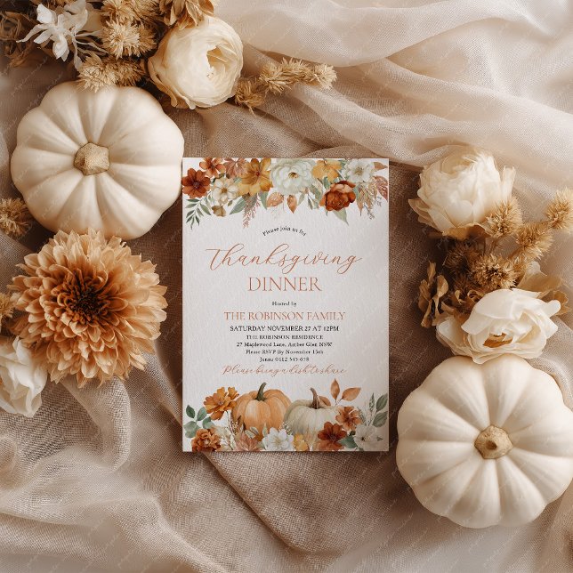 Invitación Thanksgiving Dinner Pumpkin Fall Leaves  (Thanksgiving Dinner Invitation with pumpkins and fall leaves in earthy tones.)