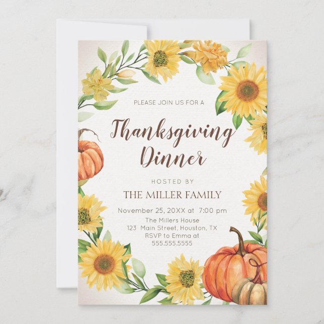 Invitación Thanksgiving Dinner Sunflowers & Pumpkins fall (Anverso)