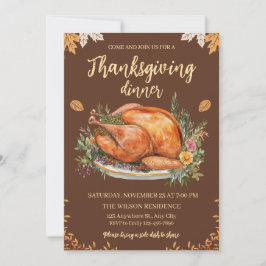 Invitación Thanksgiving Dinner Turkey Pumpkins Brown
