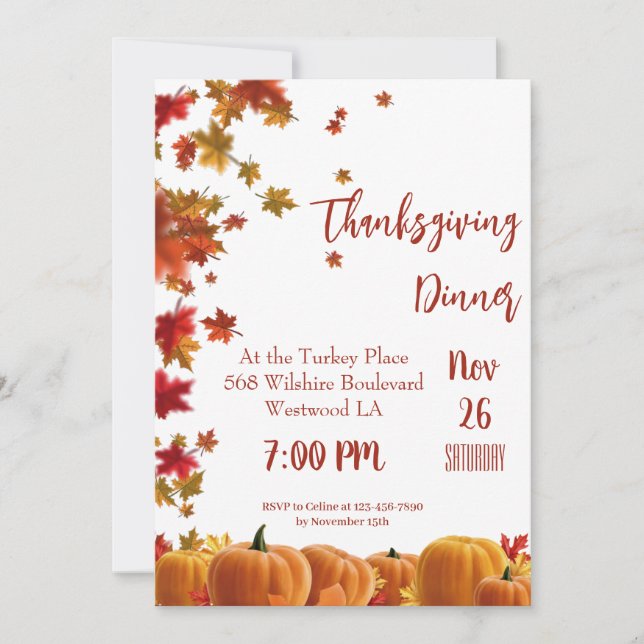 Invitación Thanksgiving Fall Leaves Pumpkin Dinner Invitation (Anverso)
