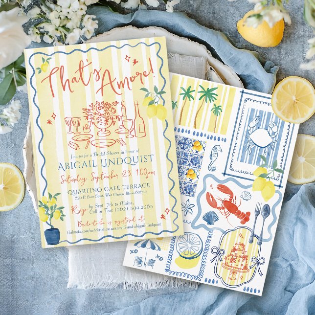 Invitación That's Amore Hand Drawn Coastal Bridal Shower (That's Amore yellow and blue coastal Italian Mediterranean tiles and lemons bridal shower invitation)