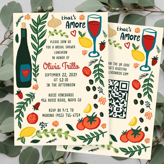 Invitación That's Amore Italian Food CUSTOM Bridal Shower QR  (That's Amore Italian Food Hand-drawn Doodle CUSTOM QR code Bridal Shower Party Invitation
)