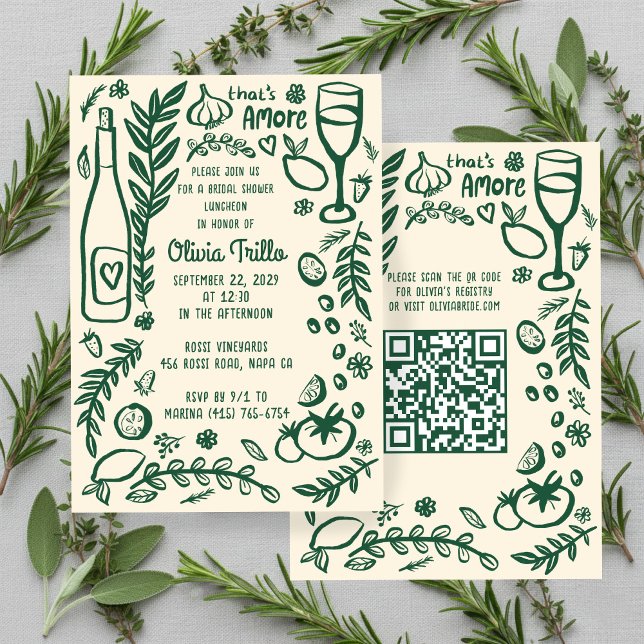 Invitación That's Amore Italian Food CUSTOM Bridal Shower QR  (That's Amore Italian Food Hand-drawn Doodle CUSTOM QR Code Bridal Shower Party Invitation
)