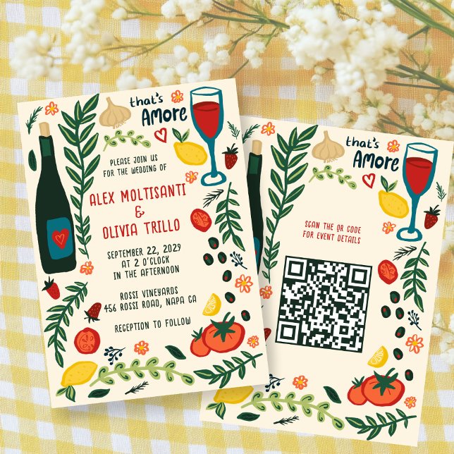 Invitación That's Amore Italian Food CUSTOM QR Wedding Party  (That's Amore Italian Food CUSTOM QR Hand-drawn Charming Wedding Party Invitation
)