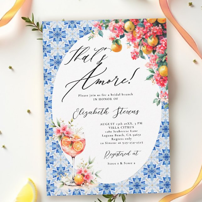 Invitación Thats Amore Italian Lemon Floral Bridal Shower  (thats amore italian themed bridal shower invitation lemon and blue watercolor floral bouganvillea)