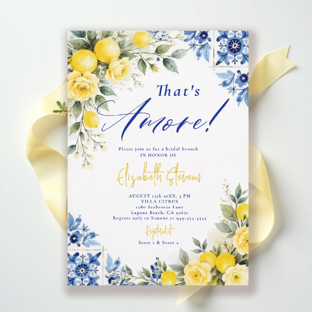 Invitación That's Amore Lemon Blue Frame Roses Bridal Shower  (thats amore bridal shower theme lemon blue tile italian summer invitation yellow roses floral)
