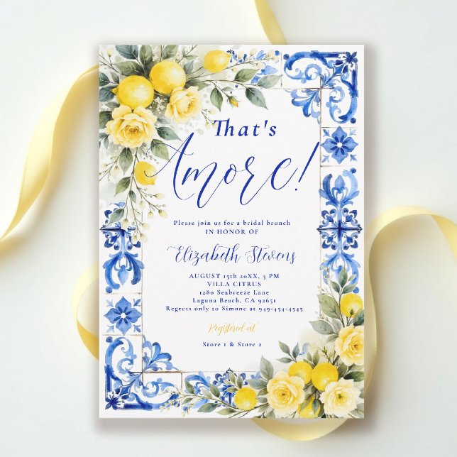 Invitación That's Amore Lemon Blue Tile Floral Bridal Shower  (thats amore bridal shower theme lemon blue tile frame italian summer invitation yellow roses floral)