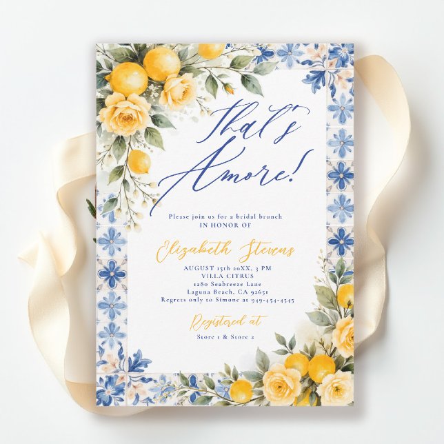 Invitación Thats Amore Lemon Blue Tile Italian Bridal Shower  (thats amore bridal shower theme lemon blue tile frame italian summer invitation yellow floral script)