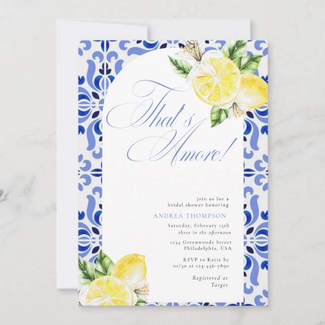 Invitación That's Amore Lemon Italian Blue Tile Bridal Shower (Anverso)