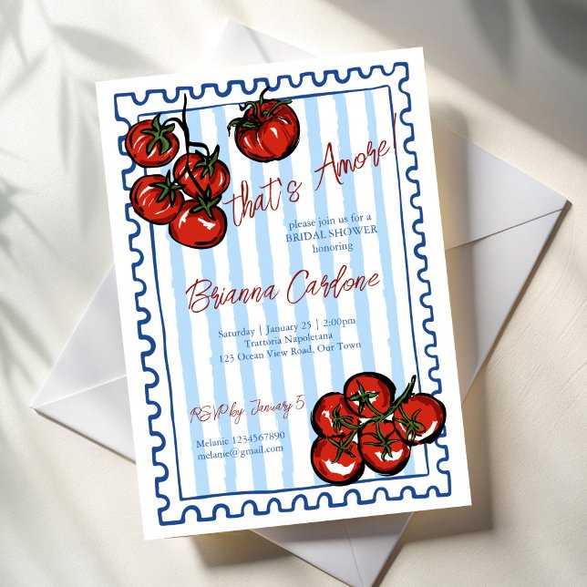 Invitación That's amore tomato blue Italian bridal shower (That's amore tomato blue stripes post stamp Italian bridal shower Invitation cards template)
