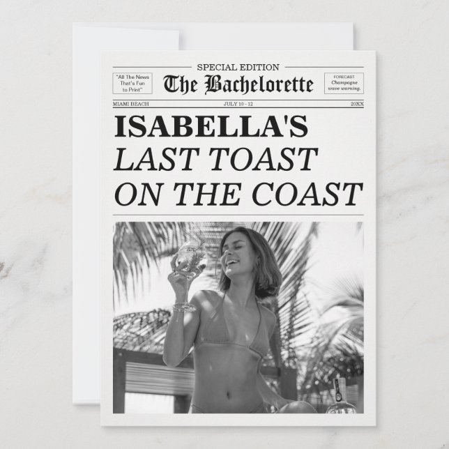 Invitación The Bachelorette Newspaper Last Toast On The Coast (Anverso)