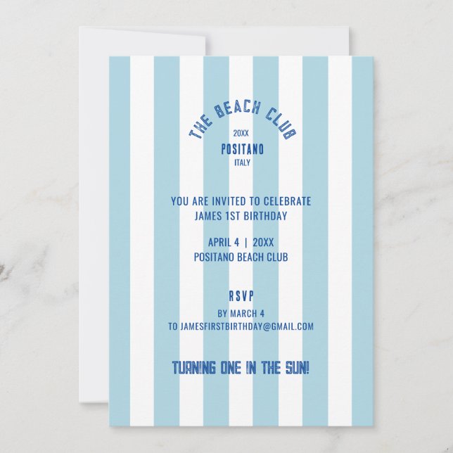 Invitación The Beach Club Blue Cabana Stripe 1s Birthday (Anverso)