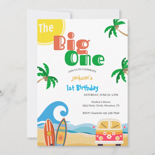 Invitación The Big One Beach Surf 1st Birthday  (Anverso)