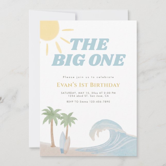 Invitación The Big One Playa Surf Verano Acuarela Costera  (Anverso)