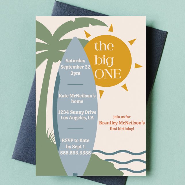 Invitación "The big ONE" Surfing Beach fiesta de primer cumpl (the big one surfing birthday party invitation cute surf board ocean beach waves bday invite )