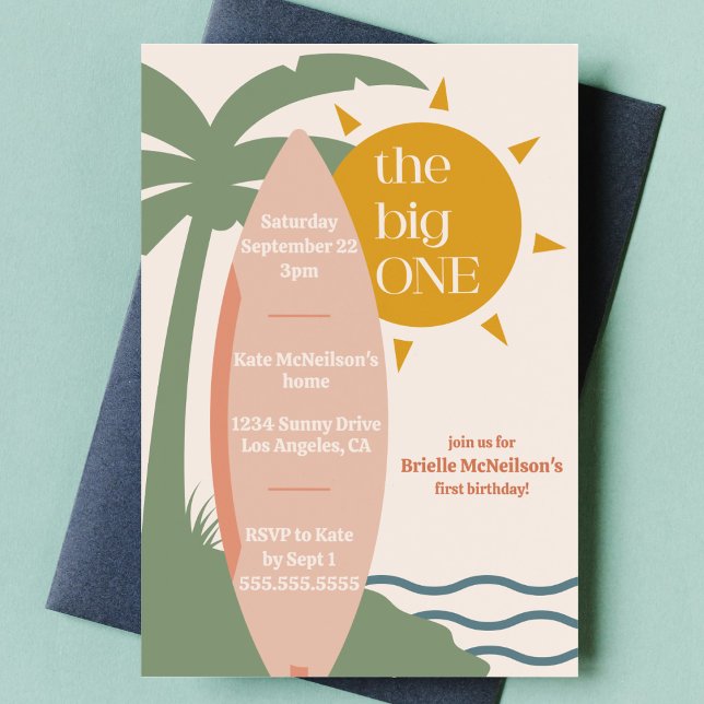Invitación "The big ONE" Surfing Beach fiesta de primer cumpl ("the big one" pink surfboard first birthday party invite surfing theme ocean beach theme 1st bday)
