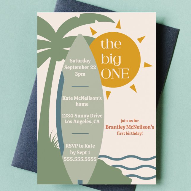Invitación "The big ONE" Surfing Beach fiesta de primer cumpl ("the big one" Green surfboard first birthday party invite surfing theme ocean beach theme 1st bday)
