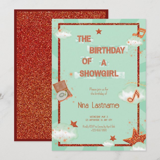 Invitación The Birthday of a Showgirl Theme Retro Music Party (Anverso / Reverso)