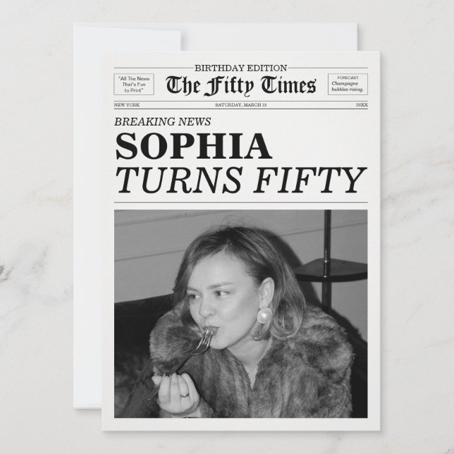 Invitación The Fifty Times Newspaper 50th Birthday Party (Anverso)