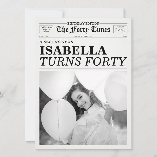 Invitación The Forty Times Newspaper 40th Birthday Party (Anverso)