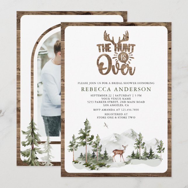 Invitación The Hunt is Over Forest Deer Bridal Shower Photo (Anverso / Reverso)