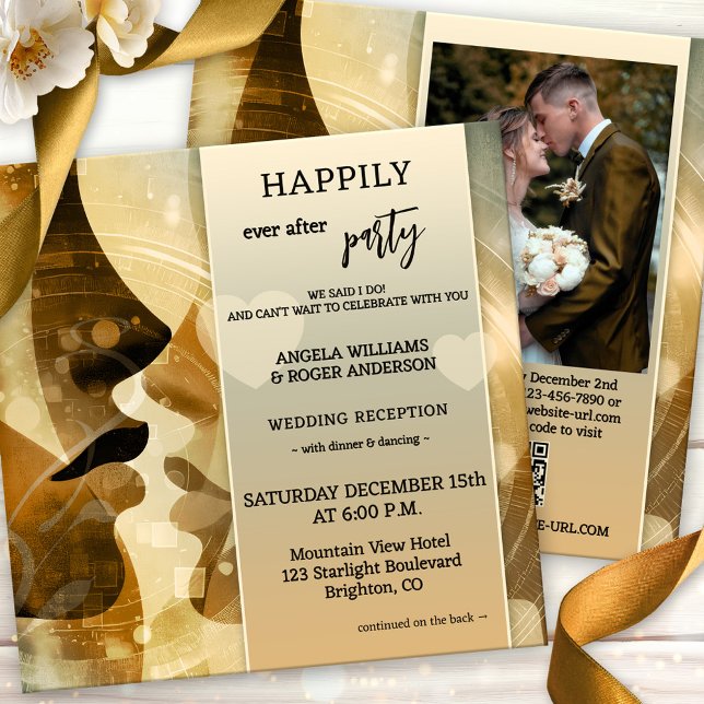 Invitación The Kiss Happily Ever After All in One Wedding (Modern unique all in one happily ever after wedding party invitation featuring a kiss - QR code)