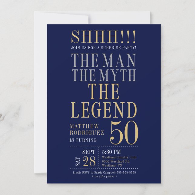 Invitación The Man The Myth The Legend Surprise 50th Birthday (Anverso)