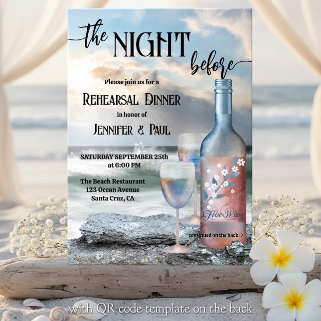 Invitación The Night Before Beach and Wine Rehearsal Dinner (Rehearsal Dinner invitation featuring a fine art painted  wine bottle with two glasses on the beach)