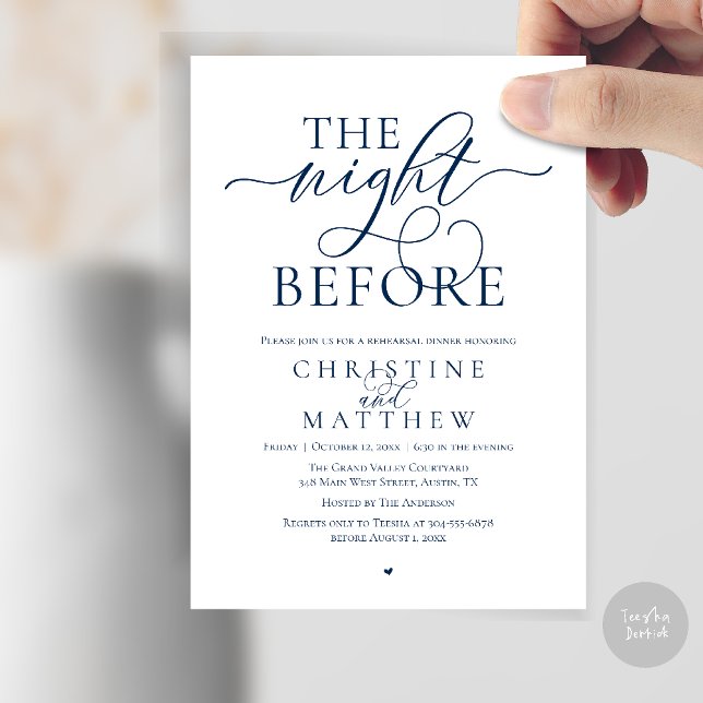 Invitación The Night Before, Classy Wedding Rehearsal Dinner (The Night Before, Classy Wedding Rehearsal Dinner Invitation Card in Navy Blue)