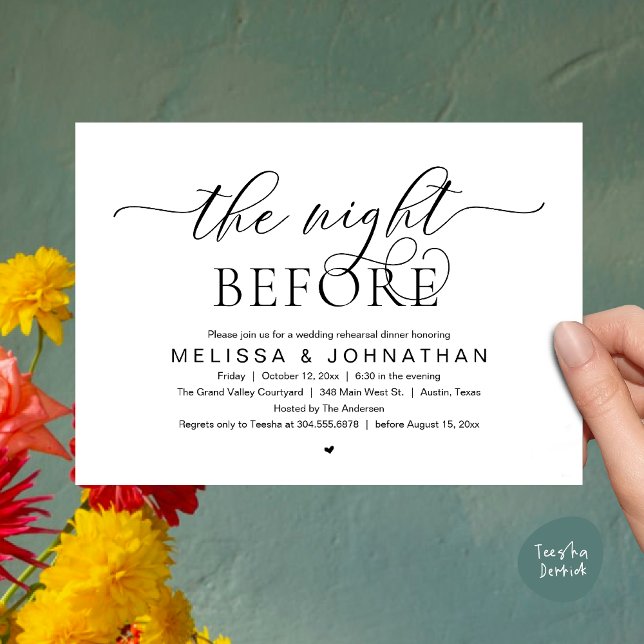 Invitación The Night Before, Classy Wedding Rehearsal Dinner (The Night Before, Classy Modern Wedding Rehearsal Dinner Invitation Card PDF Black White)
