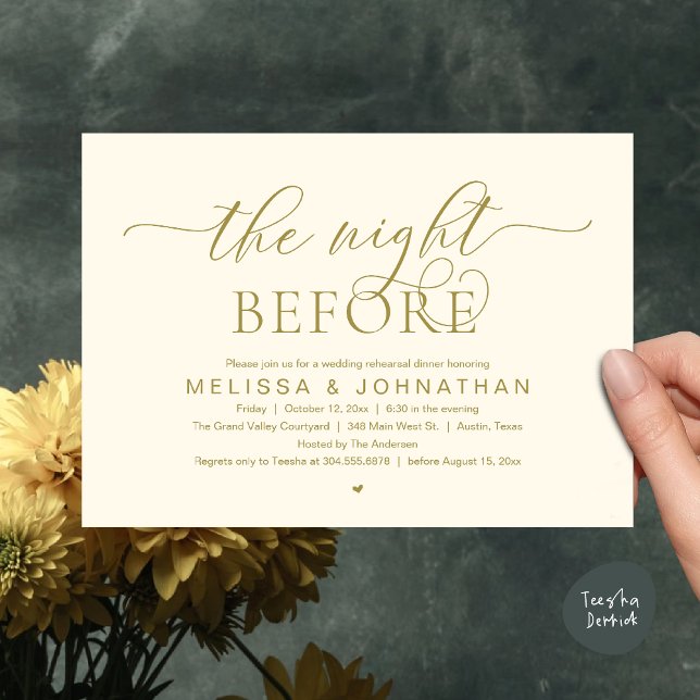 Invitación The Night Before, Classy Wedding Rehearsal Dinner (The Night Before, Classy Wedding Rehearsal Dinner Invitation card PDF Modern aesthetic Yellow Gold)