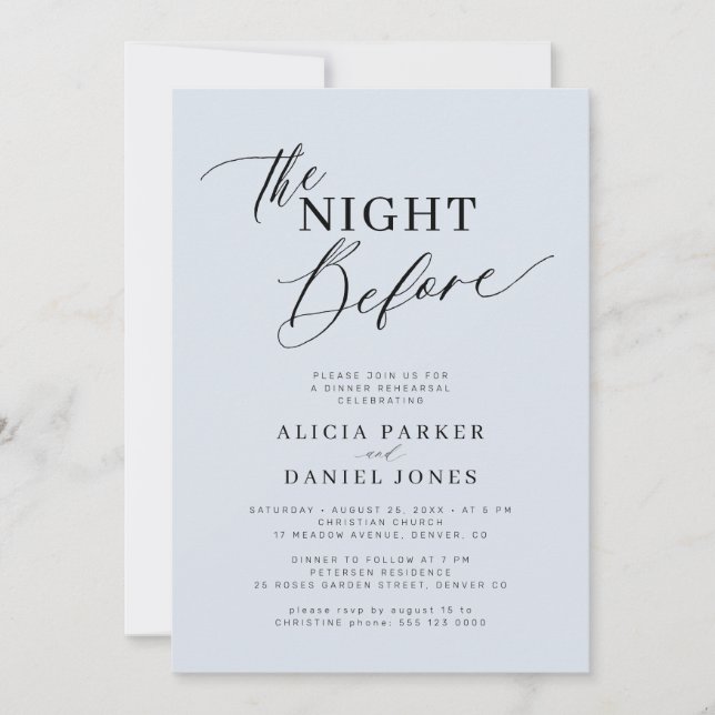 Invitación The night before dusty blue rehearsal dinner (Anverso)