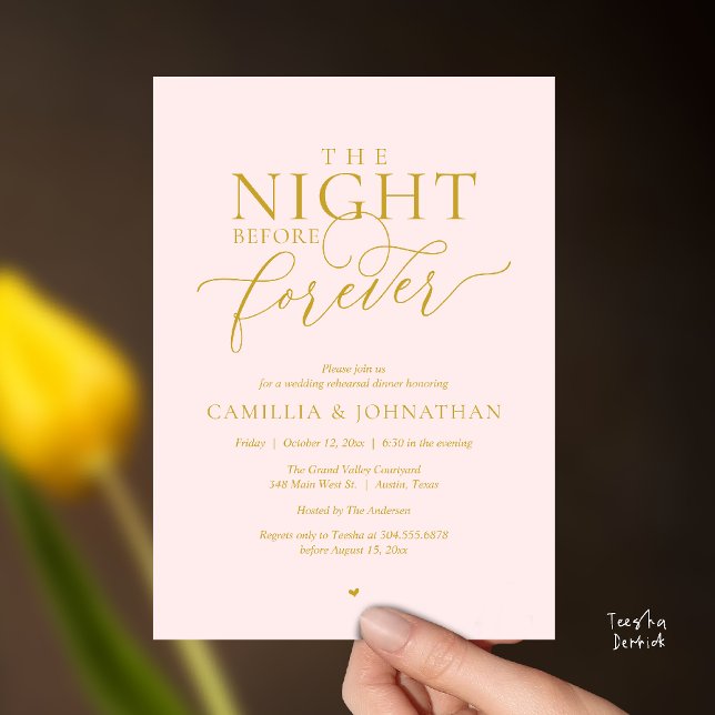 Invitación “The Night Before Forever” Blush & Gold Rehearsal  (“The Night Before Forever” Blush & Gold Rehearsal Invitation Card)