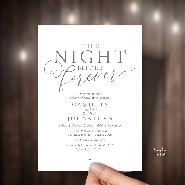 Invitación “The Night Before Forever” Modern Rehearsal Dinner (“The Night Before Forever” Modern classy minimalist Rehearsal Dinner Invitation Card dark grey)