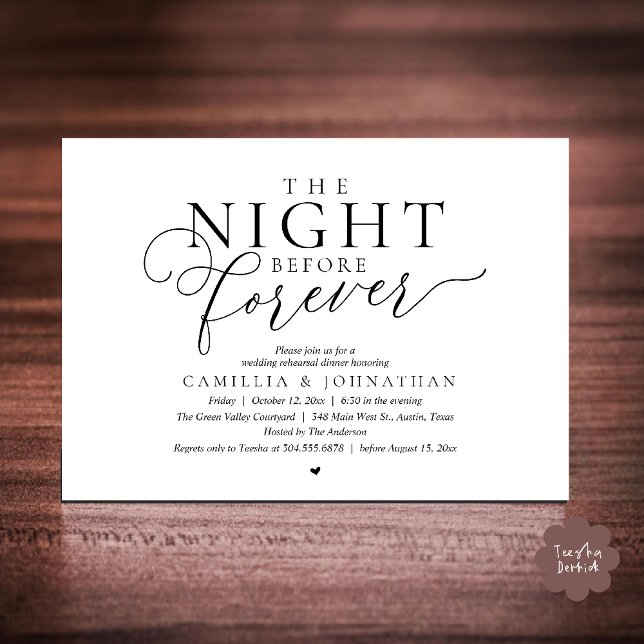 Invitación “The Night Before Forever” Modern Rehearsal Dinner (“The Night Before Forever” Modern Classy Rehearsal Dinner Invitation card in black and white)