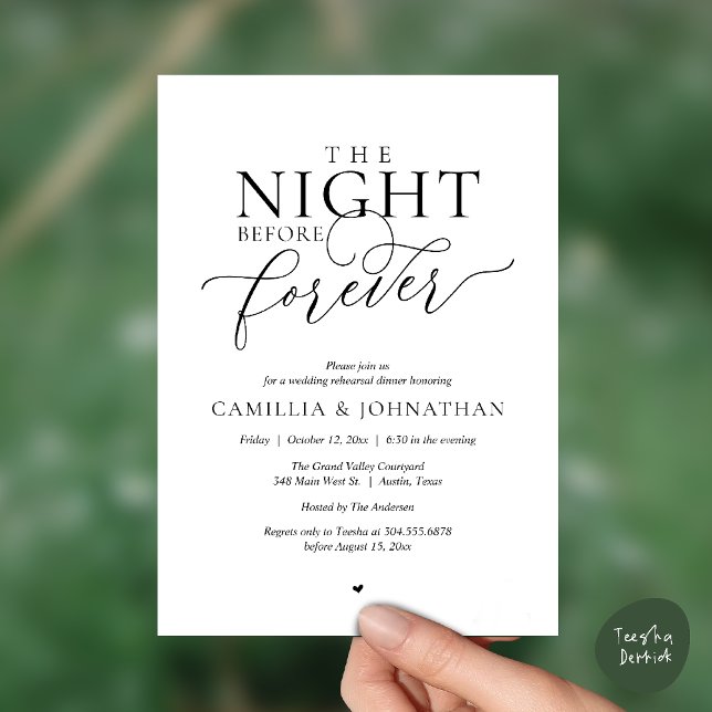 Invitación “The Night Before Forever” Modern Rehearsal Dinner (“The Night Before Forever” Modern Rehearsal Dinner Invitation Card in Black and White)