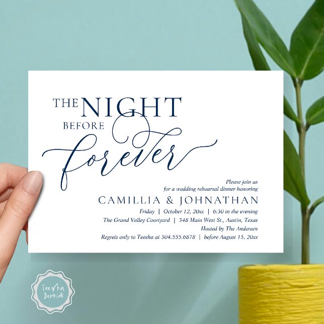Invitación The Night Before Forever, Wedding Rehearsal Dinner (The Night Before Forever Wedding Rehearsal Dinner Romantic Classy Invites Card PDF in Navy Blue)