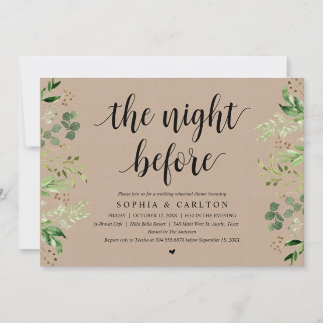 Invitación The Night Before, Greenery Kraft, Rehearsal Dinner (Anverso)