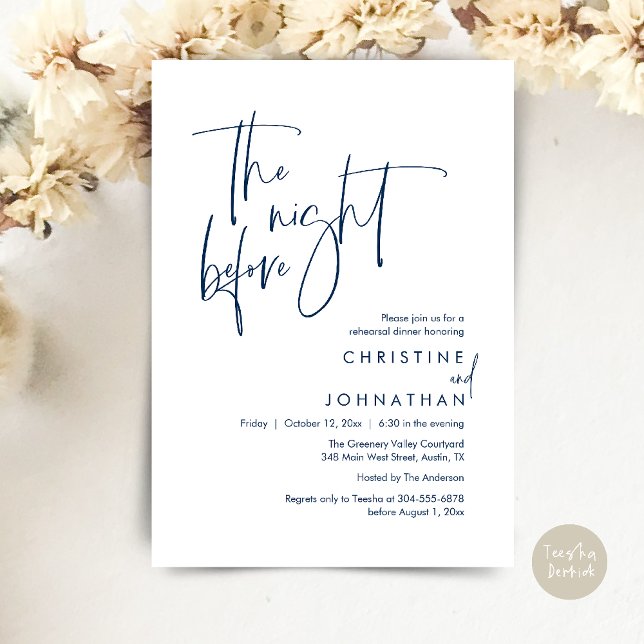 Invitación The Night Before, Modern Casual Rehearsal Dinner (The Night Before, Modern Wedding Rehearsal Dinner Invitation Card in Navy Blue)