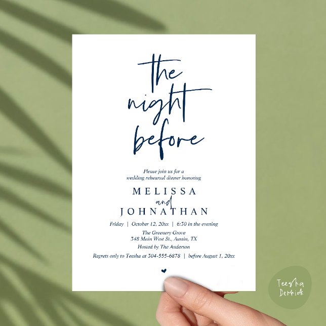 Invitación The night before, Modern Wedding Rehearsal Dinner (The night before, Modern minimalist Wedding Rehearsal Dinner Invitation card in navy blue)