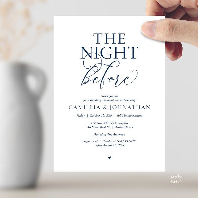 Invitación “The Night Before” Modern Wedding Rehearsal Dinner (“The Night Before” Modern Classy Rehearsal Dinner Reception Invitation Card Navy Blue)