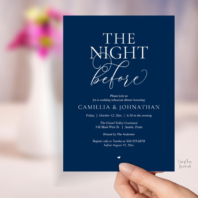 Invitación “The Night Before” Modern Wedding Rehearsal Dinner (“The Night Before” Modern Classy Rehearsal Dinner Reception Invitation Card Navy Blue)