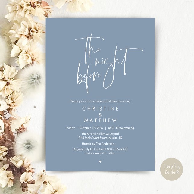 Invitación The Night Before, Modern Wedding Rehearsal Dinner (The Night Before, Modern Wedding Rehearsal Dinner Invitation Card in Dusty Blue)