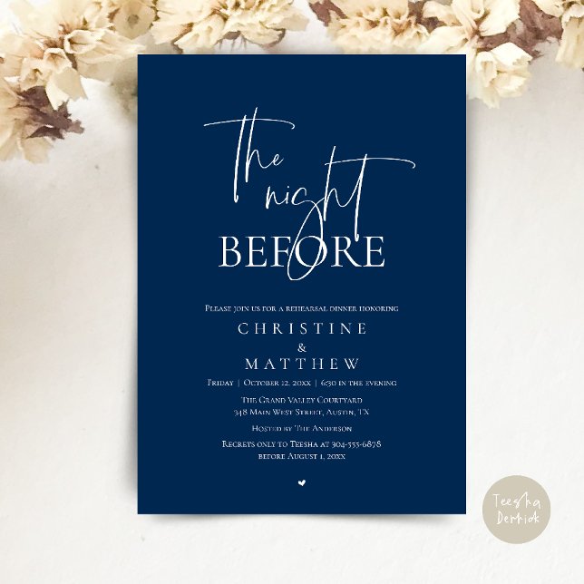 Invitación The Night Before, Modern Wedding Rehearsal Dinner (The Night Before, Modern Wedding Rehearsal Dinner Invitation Card in Navy Blue)