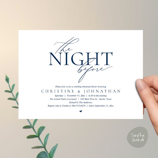 Invitación The Night Before, Modern Wedding Rehearsal Dinner  (The Night Before, Modern Wedding Rehearsal Dinner Invitation Card in Navy Blue)