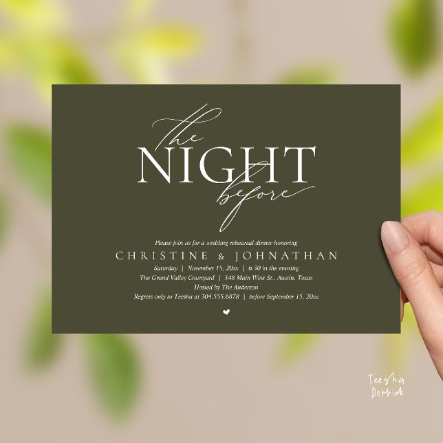 Invitación The Night Before, Modern Wedding Rehearsal Dinner  (The Night Before, Modern Wedding Rehearsal Dinner Invitation Card in Olive Green)