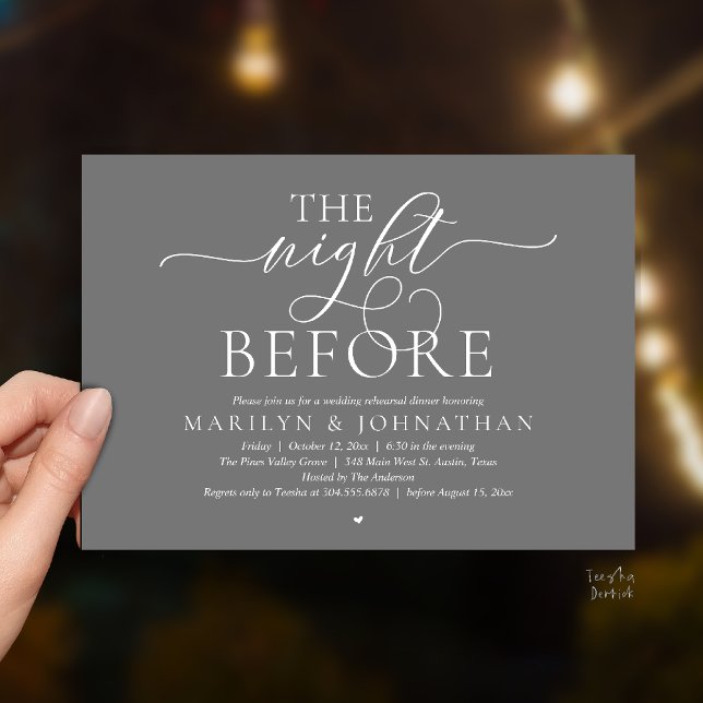 Invitación The Night Before, Modern Wedding Rehearsal Dinner (The Night Before, Modern Romantic Classy Wedding Rehearsal Dinner Invitation Card in dark grey)