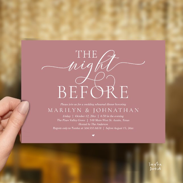 Invitación The Night Before, Modern Wedding Rehearsal Dinner (The Night Before, Modern Romantic Classy Wedding Rehearsal Dinner Invitation Card in dusty rose pink)